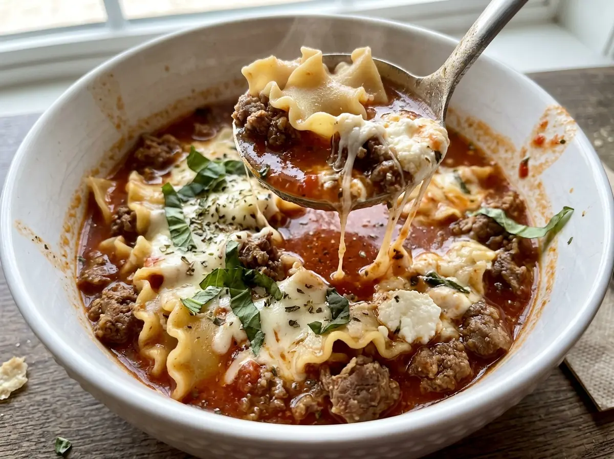 Gluten Free Lasagna Soup with tomato broth