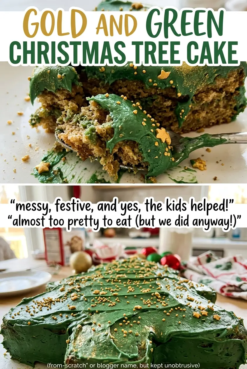 Gold and Green Christmas Tree Cake with gold sugar details