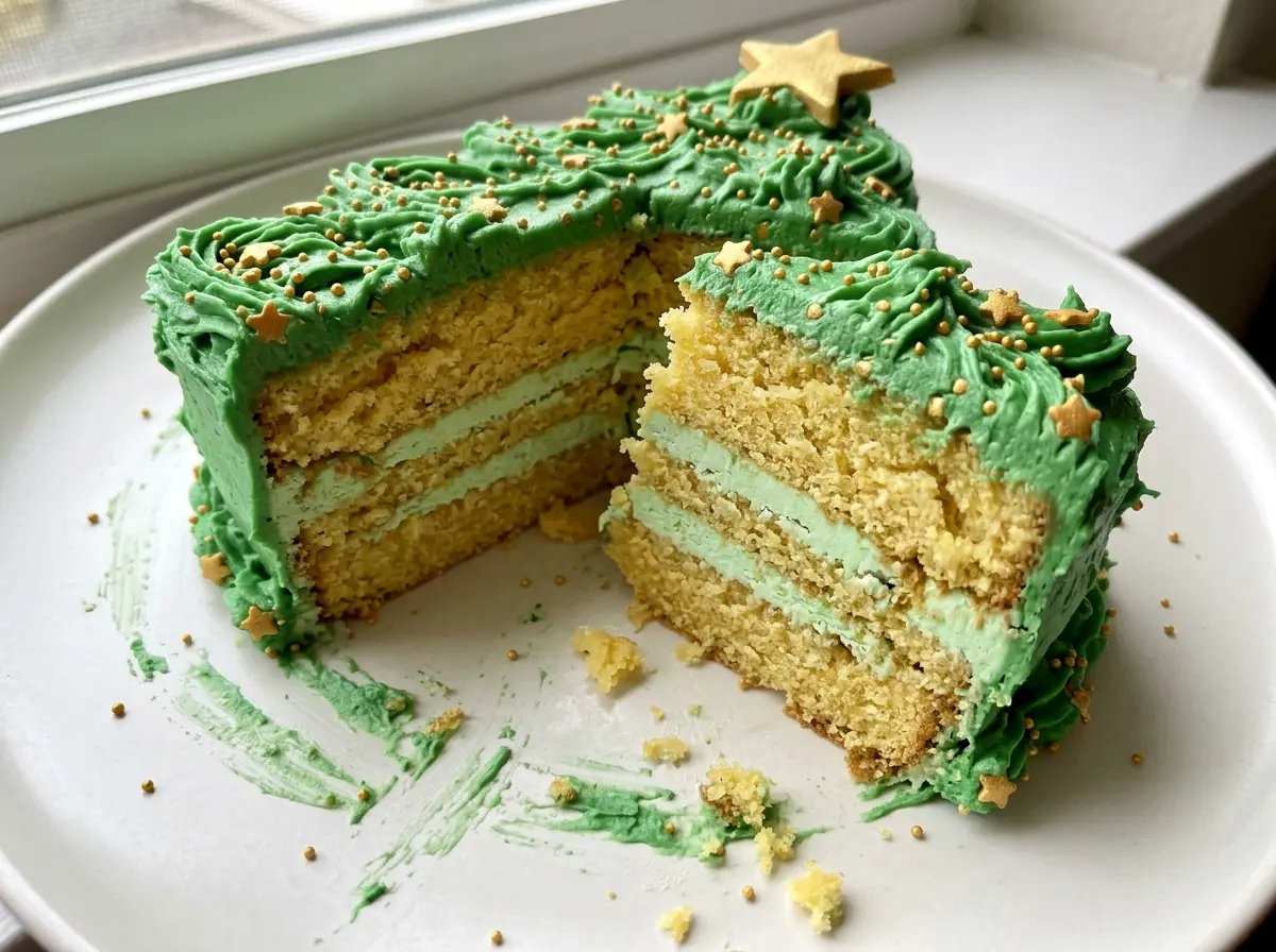 Gold and Green Christmas Tree Cake with smooth green frosting