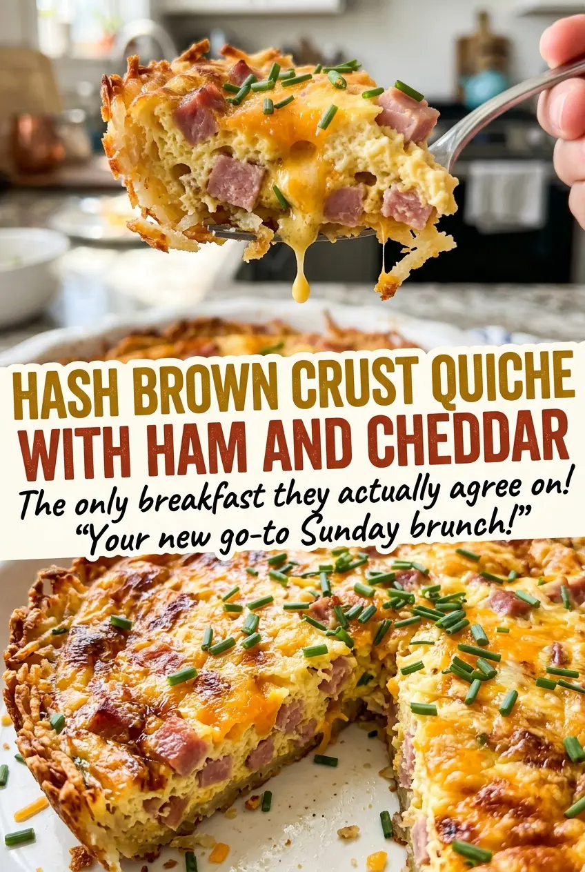 Hash Brown Crust Quiche with Ham and Cheddar, golden crisp edges
