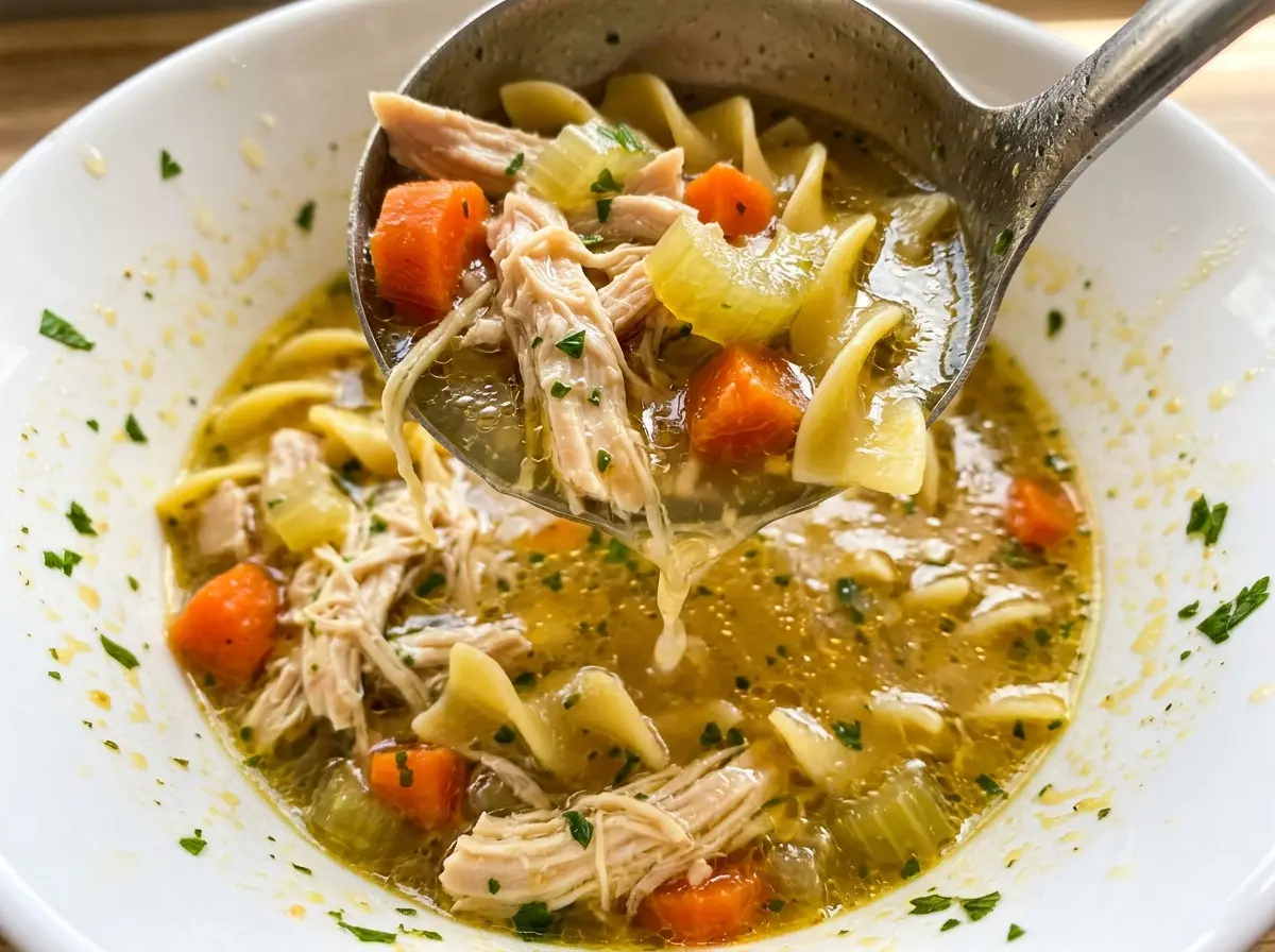 High Protein Chicken Noodle Soup cozy golden hearty bowl