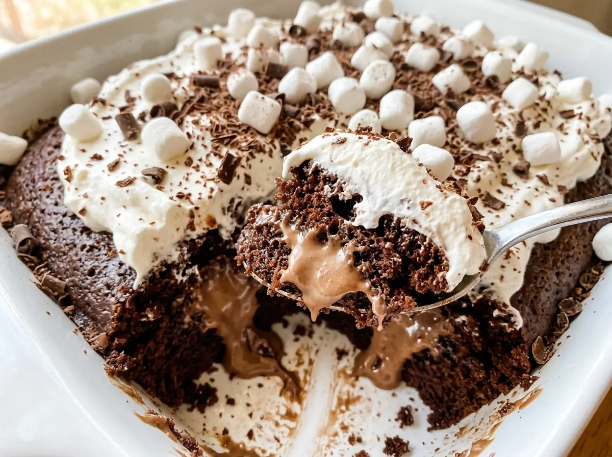 Hot Chocolate Poke Cake with fluffy cream