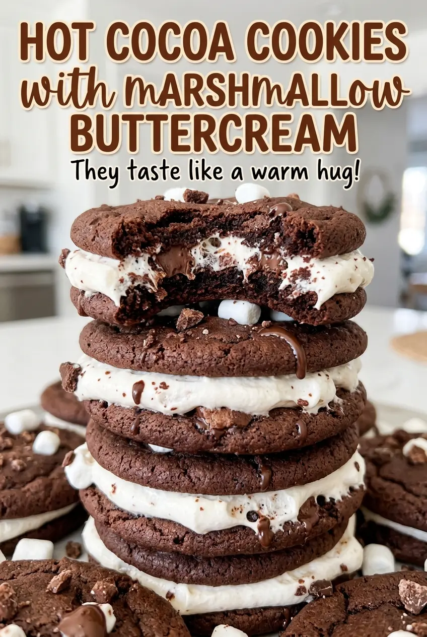 Hot Cocoa Cookies with Marshmallow Buttercream, fluffy frosted chocolate cookies