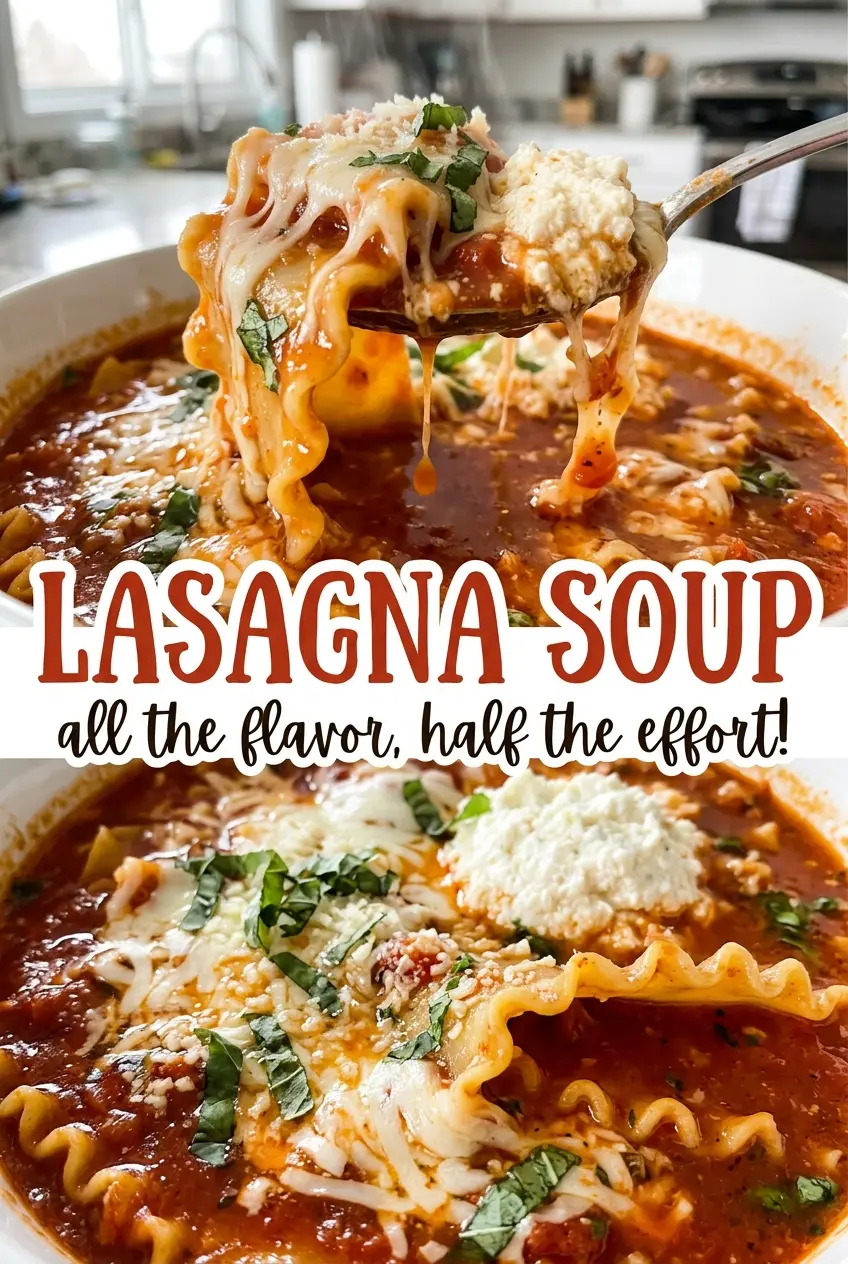 Lasagna Soup with tomato broth and creamy topping