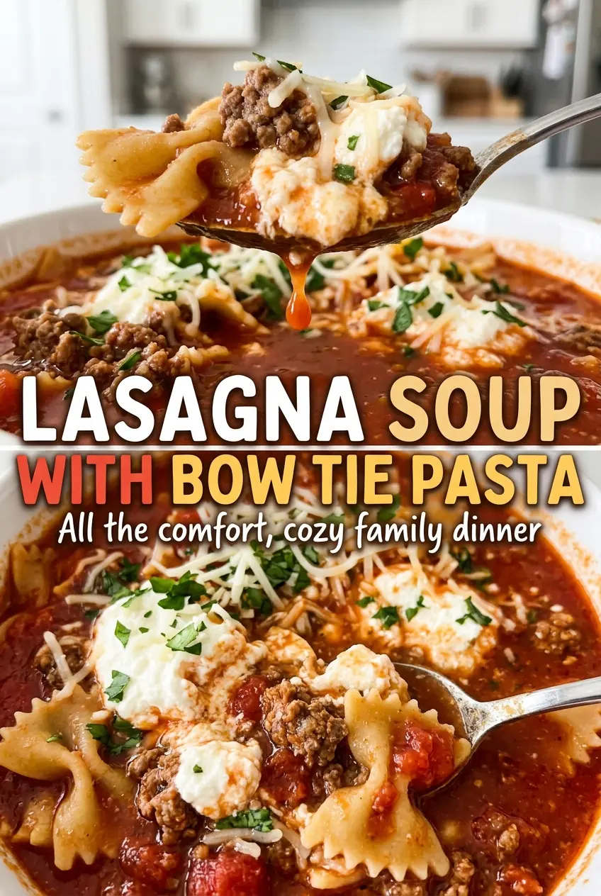 Lasagna soup with bow tie pasta, cheesy beefy bowl