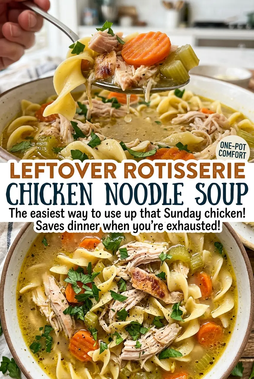 Leftover Rotisserie Chicken Noodle Soup with savory broth