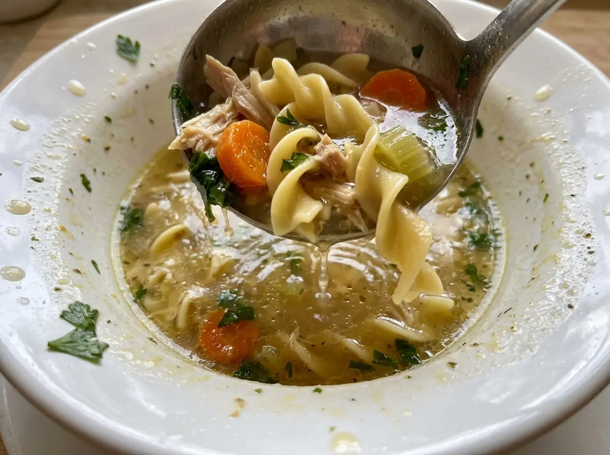 Leftover Rotisserie Chicken Noodle Soup with tender noodles