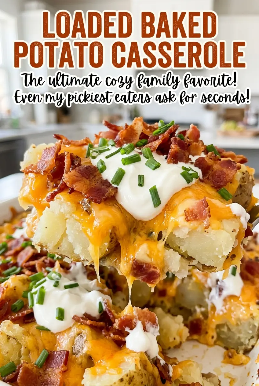 Loaded Baked Potato Casserole golden melted cheddar