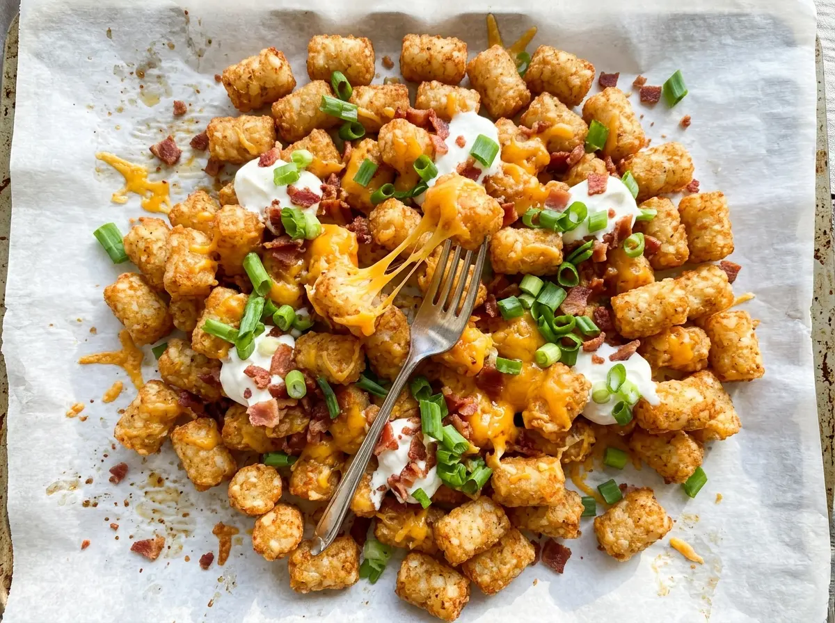 Loaded Tater Tot Appetizers with golden, cheesy tots