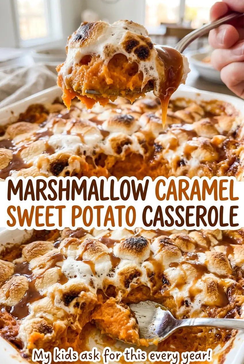 Marshmallow Caramel Sweet Potato Casserole golden toasted topping