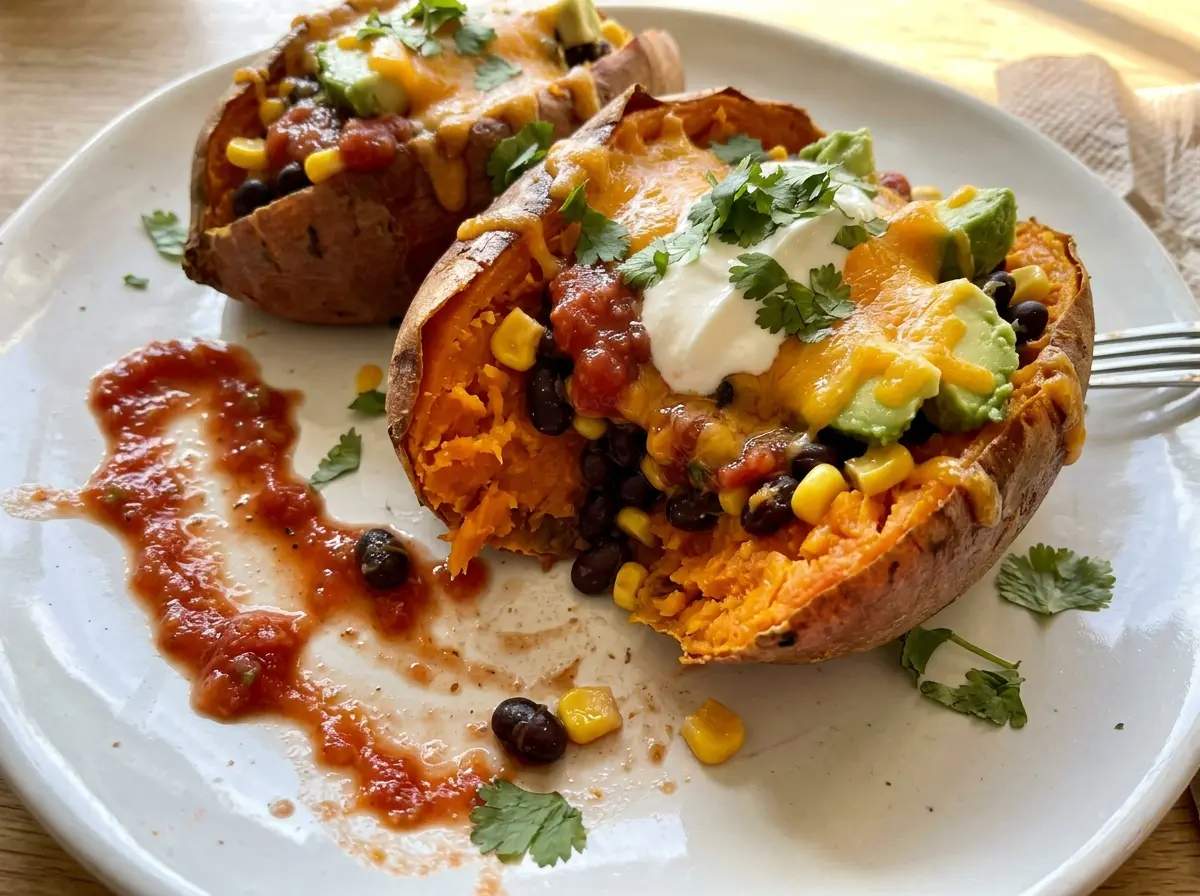 Mexican stuffed sweet potatoes with savory bean filling