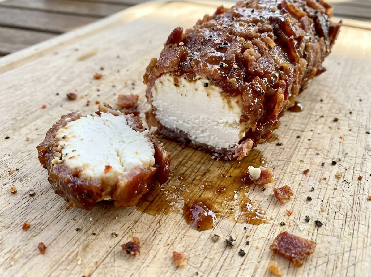 Million Dollar Bacon Goat Cheese Log with crisp, candied bacon