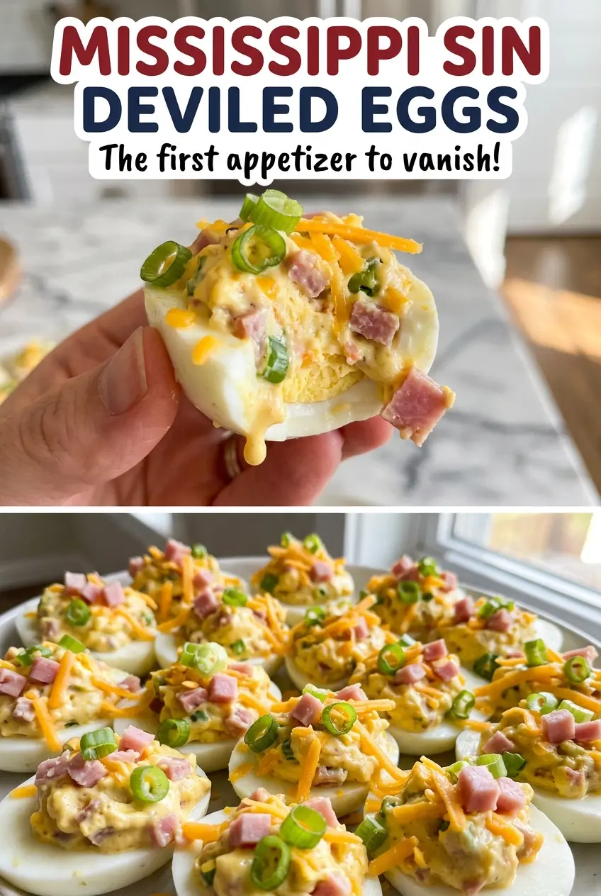 Mississippi Sin Deviled Eggs with creamy cheddar filling