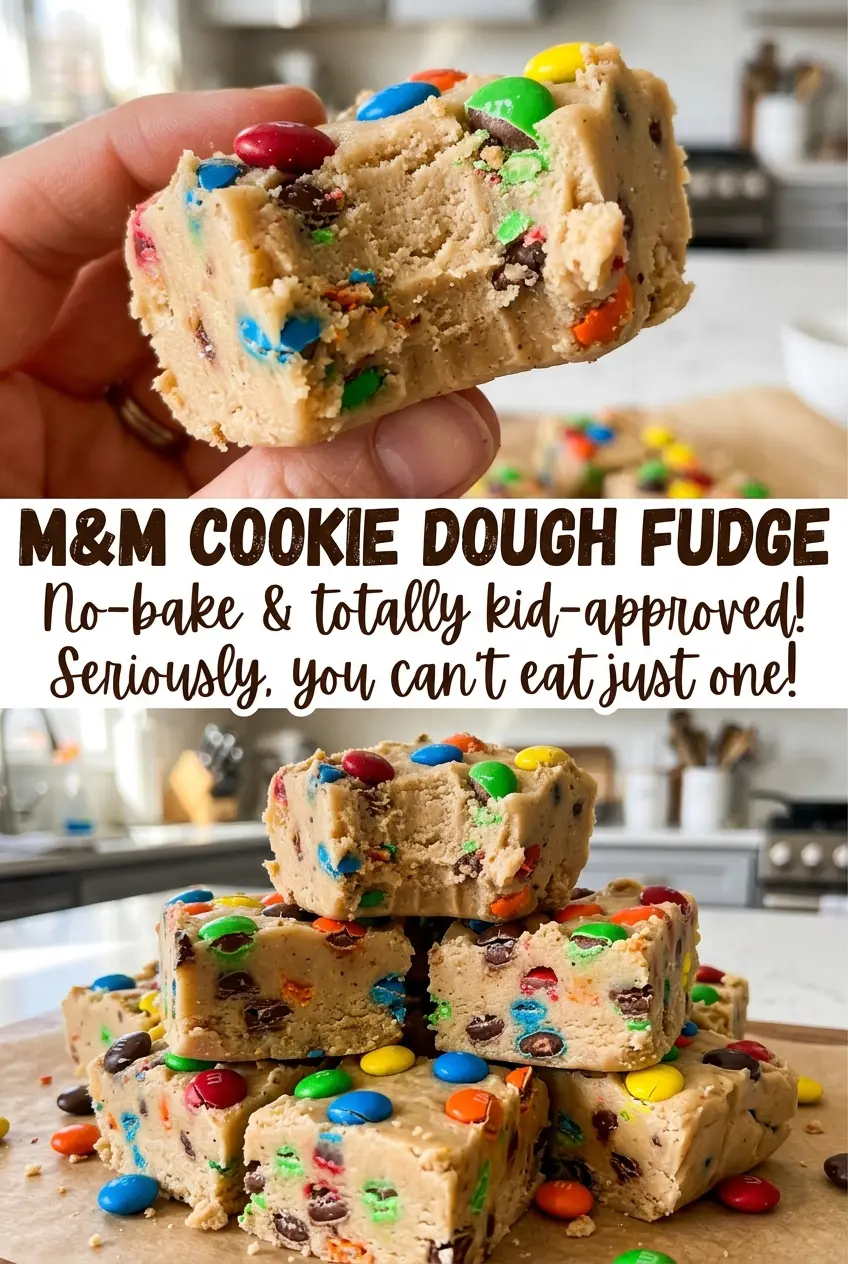M&M Cookie Dough Fudge sweet candy-studded squares