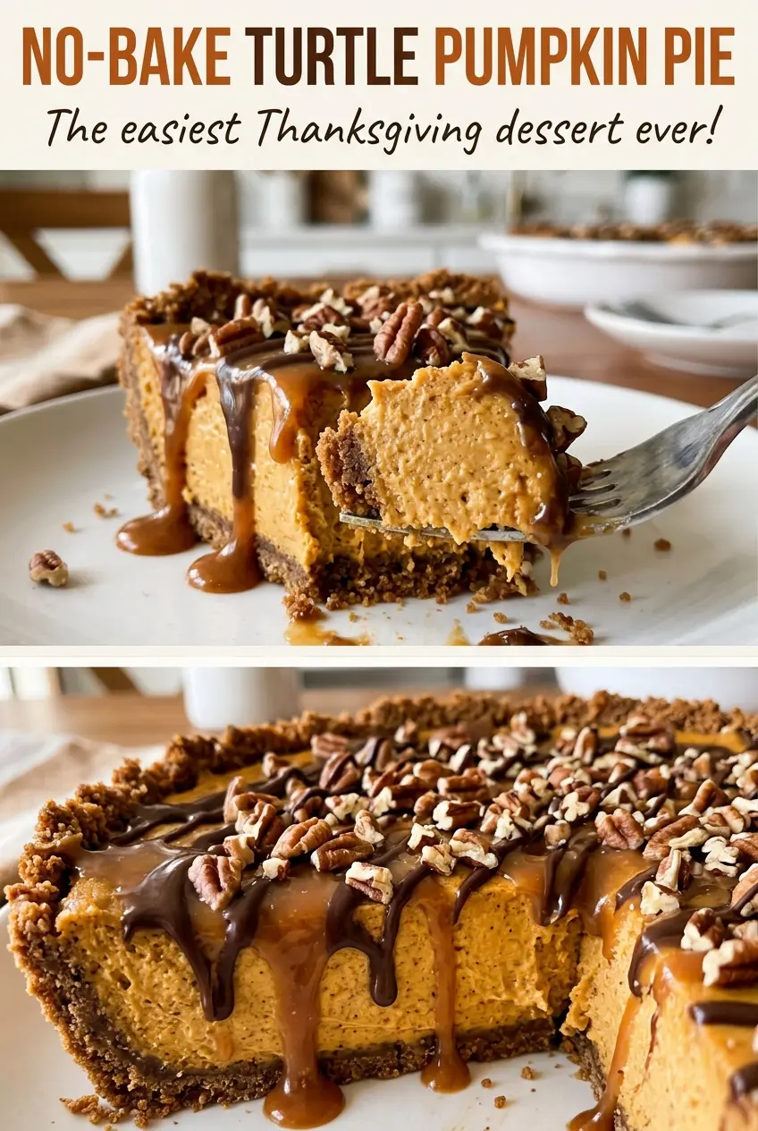 No Bake Turtle Pumpkin Pie creamy caramel pecan