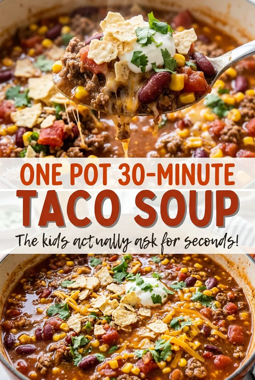 One Pot 30-Minute Taco Soup with chunky beans and corn
