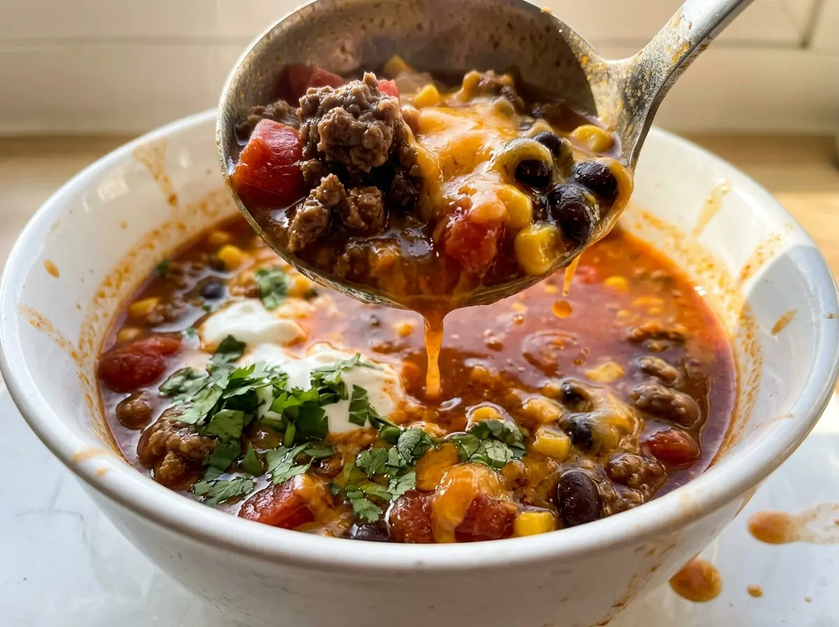 One Pot 30-Minute Taco Soup with hearty beef and beans