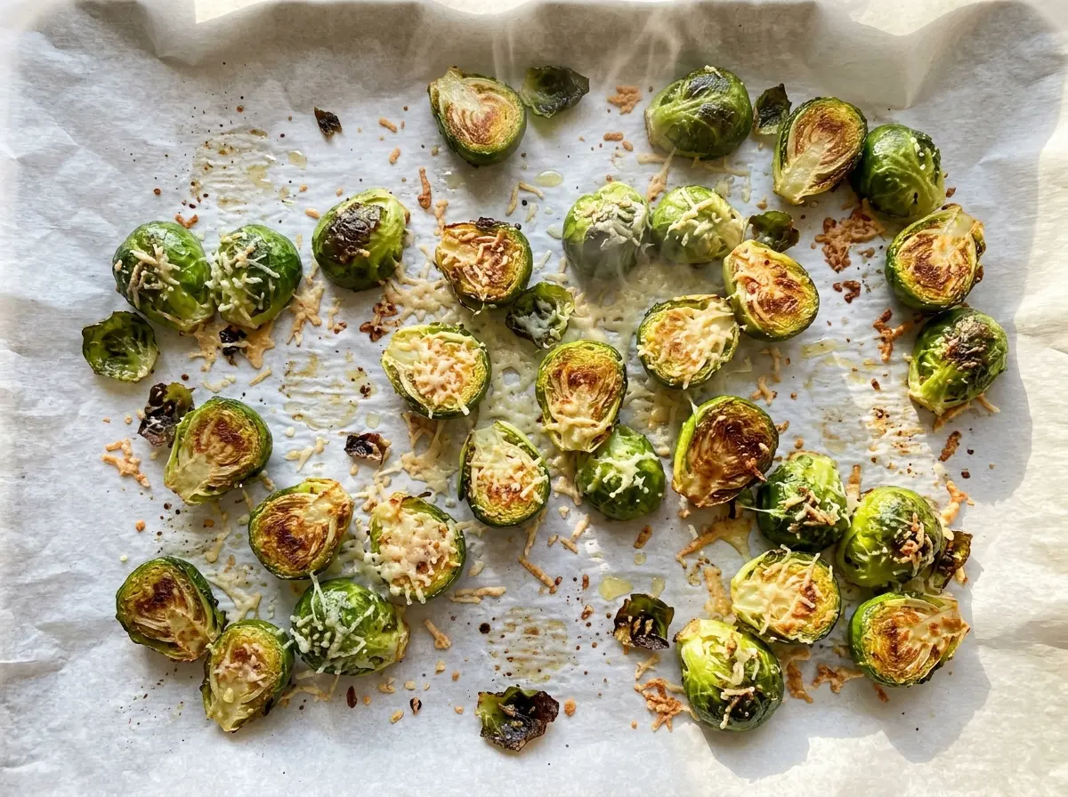 Parmesan roasted Brussels sprouts browned and cheesy