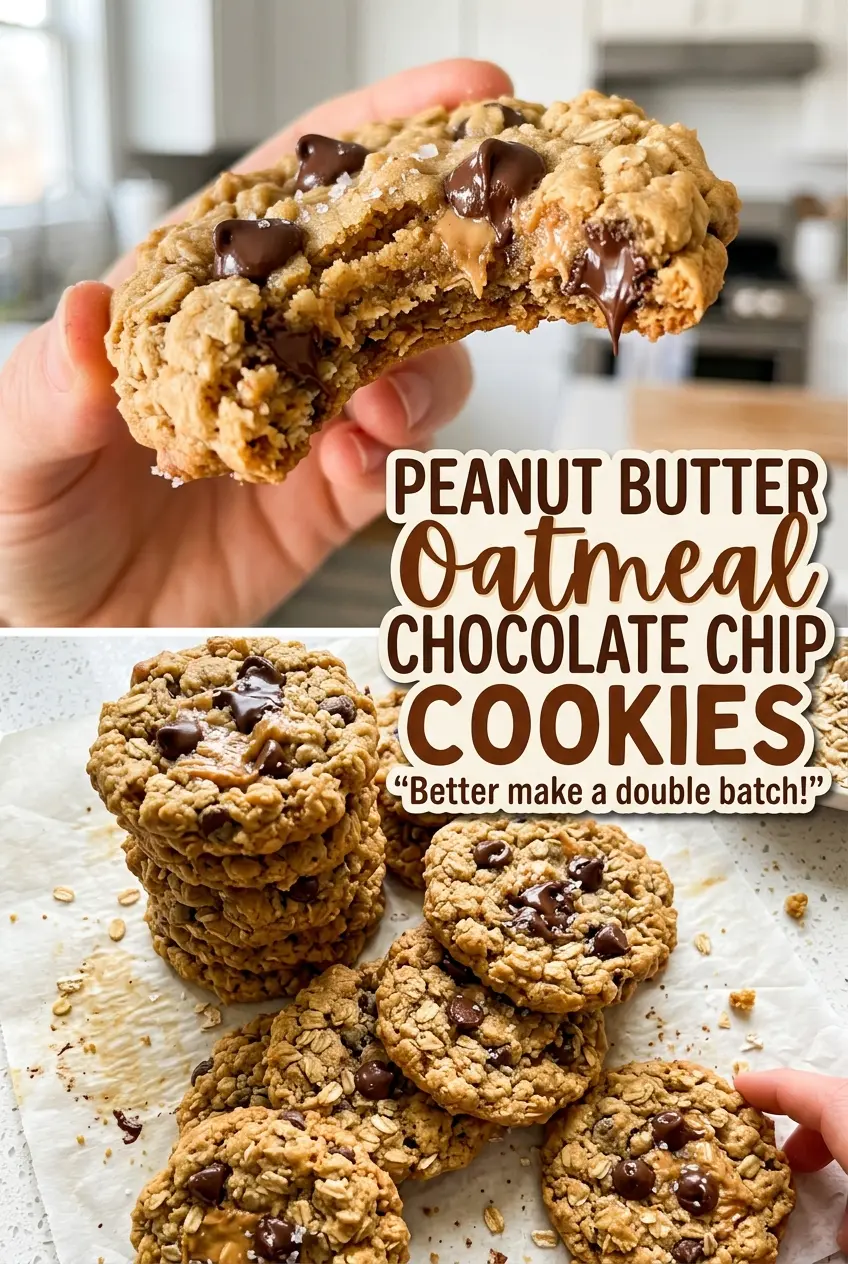 Peanut Butter Oatmeal Chocolate Chip Cookies with chewy centers