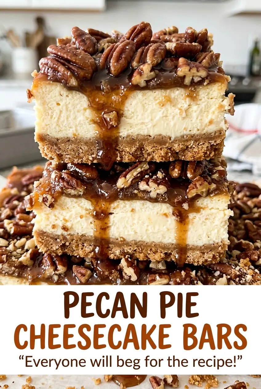 Pecan Pie Cheesecake Bars with golden pecan topping