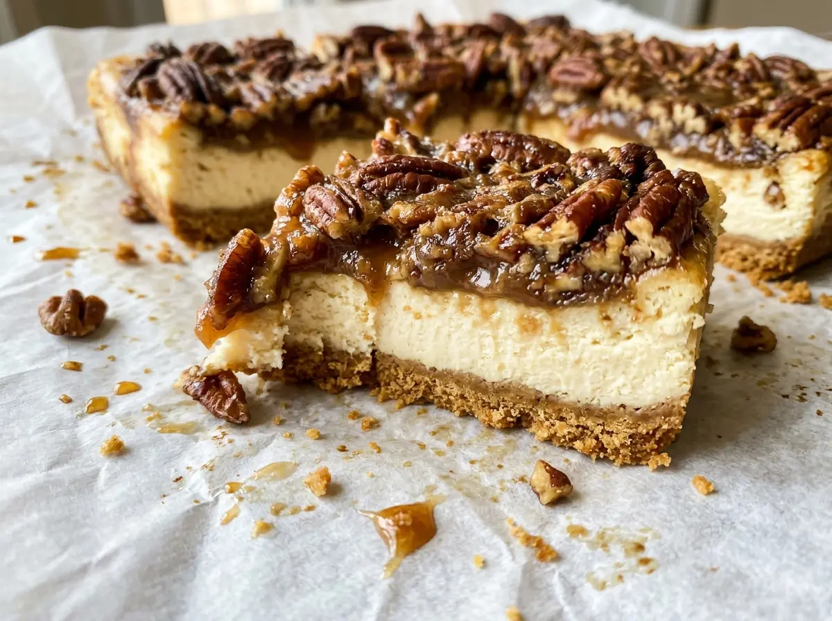 Pecan Pie Cheesecake Bars with golden pecan topping