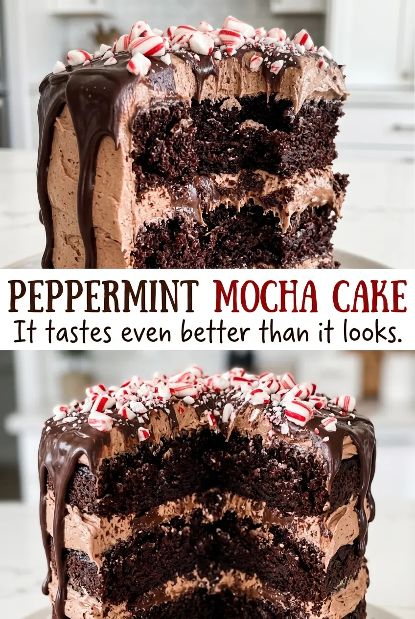 Peppermint mocha cake with candy cane topping