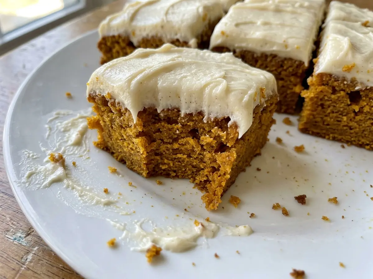 Pumpkin bars with cream cheese frosting, soft spiced squares