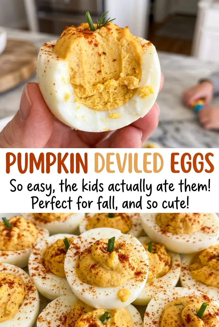 Pumpkin Deviled Eggs with chive-stem garnish
