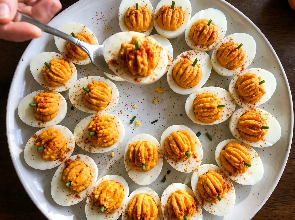 Pumpkin Deviled Eggs with smooth orange filling