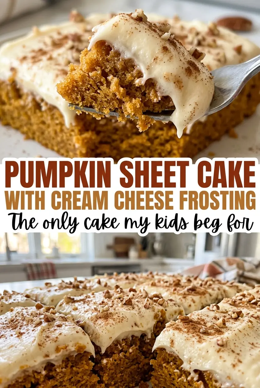 Pumpkin sheet cake with cream cheese frosting, thick frosting layer