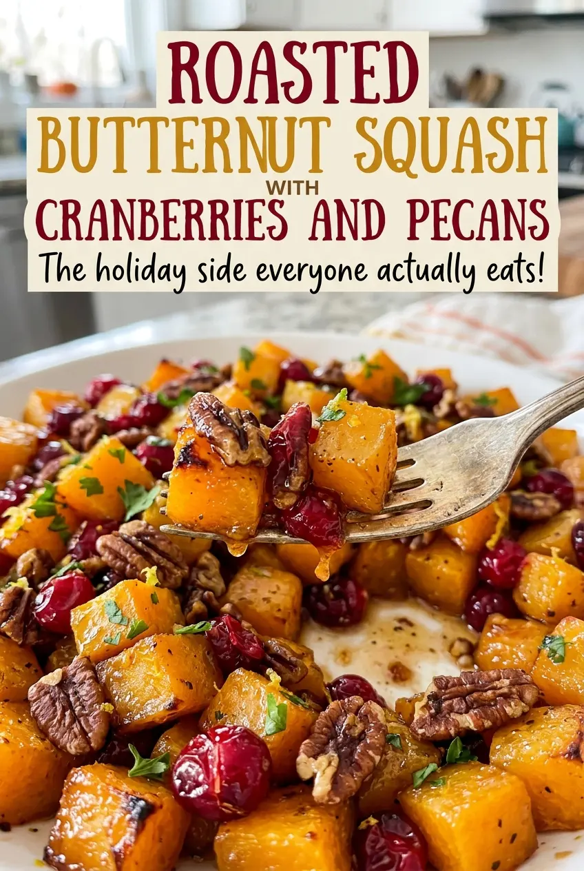 Roasted Butternut Squash with Cranberries and Pecans, colorful and roasted