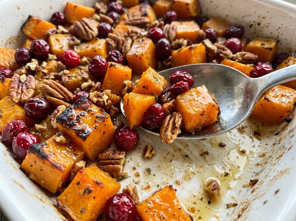 Roasted Butternut Squash with Cranberries and Pecans, golden and tender