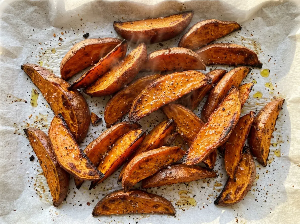 Roasted Sweet Potato Wedges with browned edges