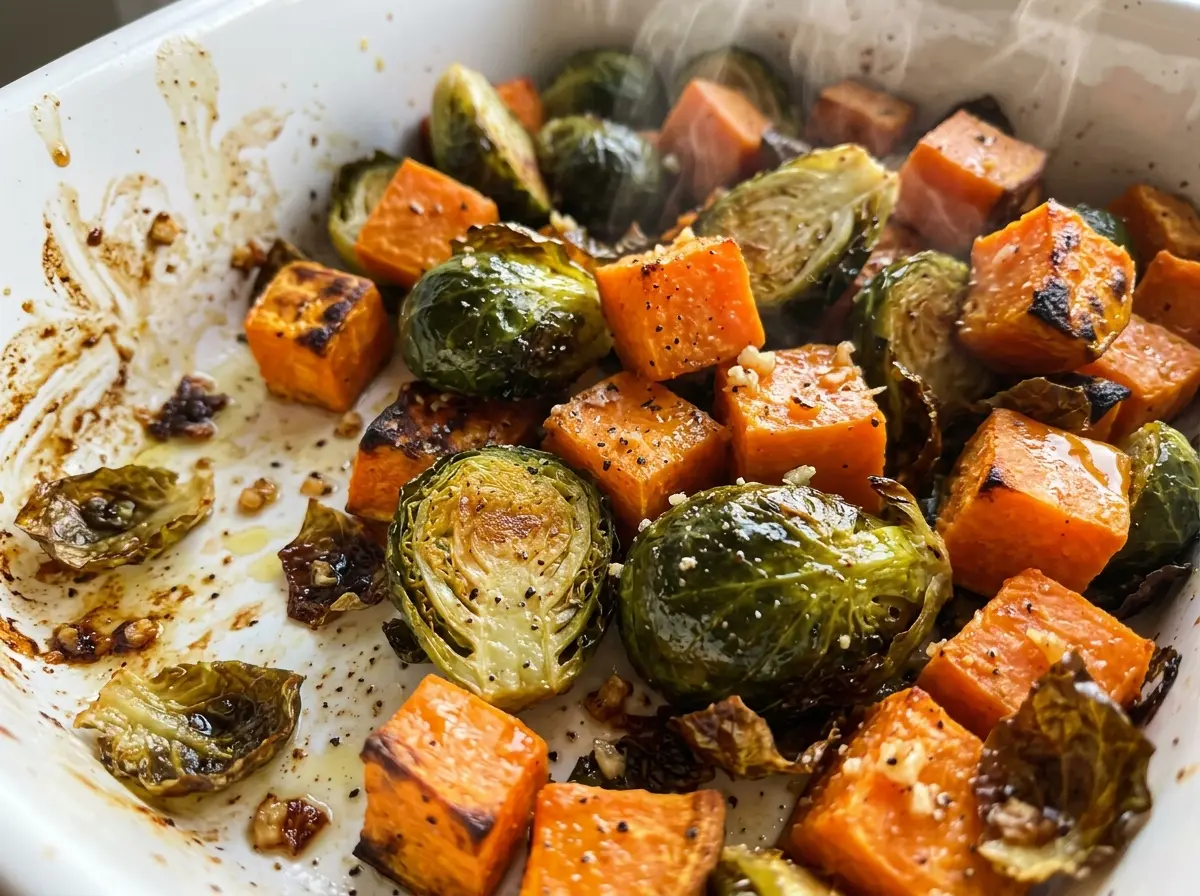 Roasted sweet potatoes and Brussels sprouts with golden edges