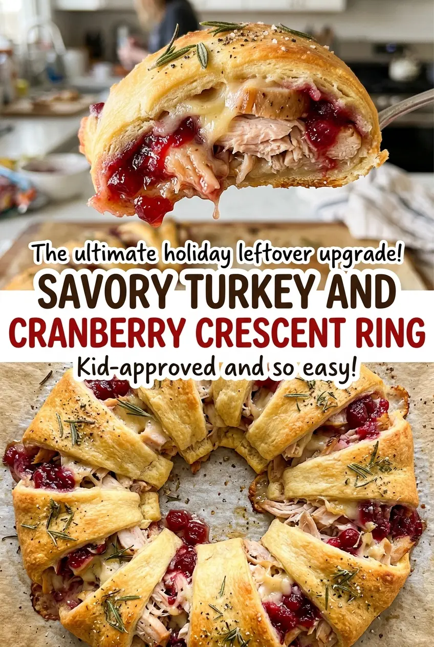 Savory Turkey and Cranberry Crescent Ring sliced golden
