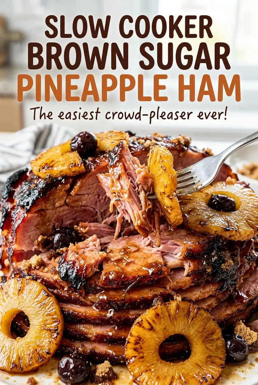 Slow Cooker Brown Sugar Pineapple Ham, sliced and pineapple-topped