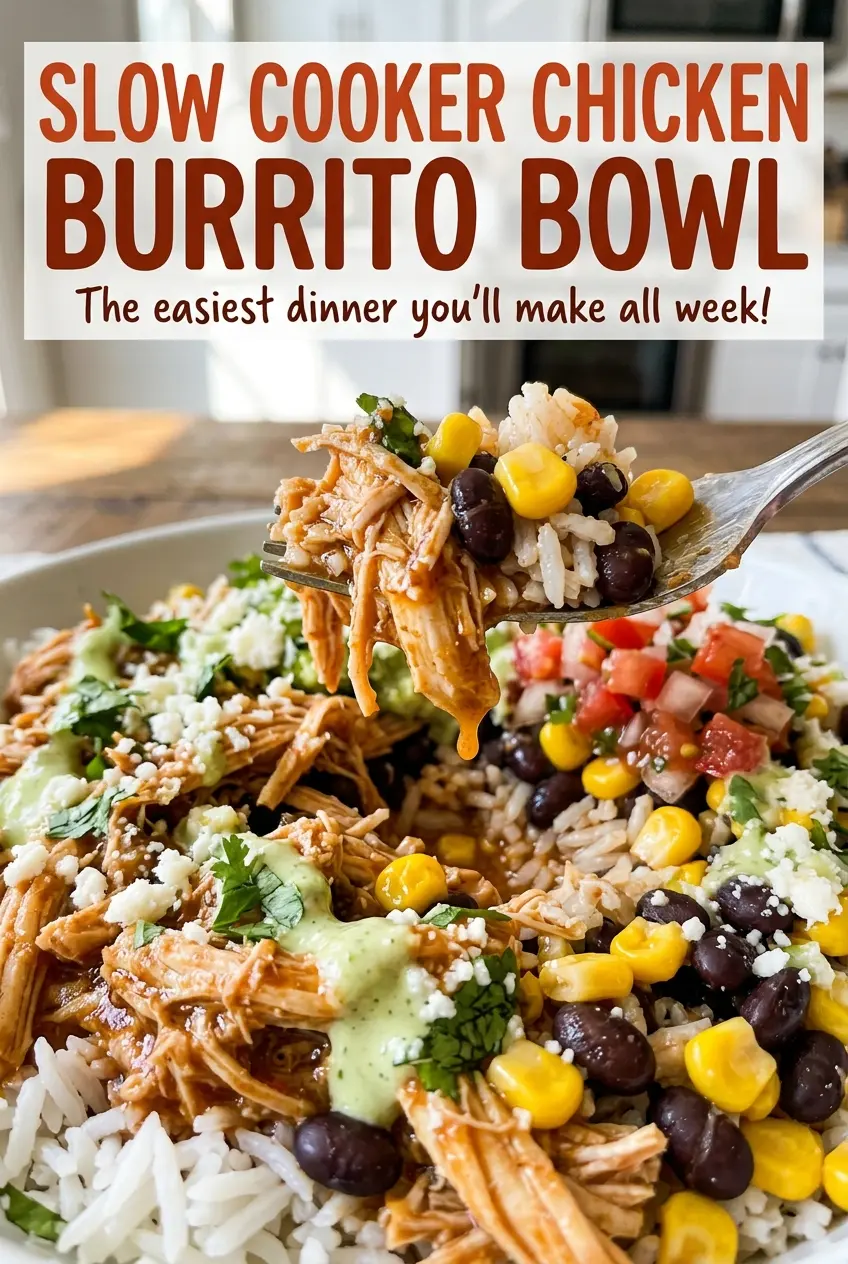 Slow Cooker Chicken Burrito Bowl with salsa chicken and avocado