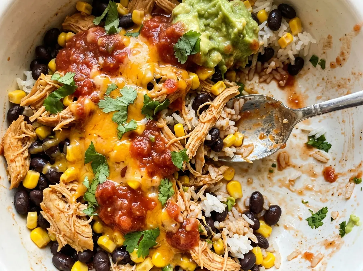 Slow Cooker Chicken Burrito Bowl with saucy chicken and rice