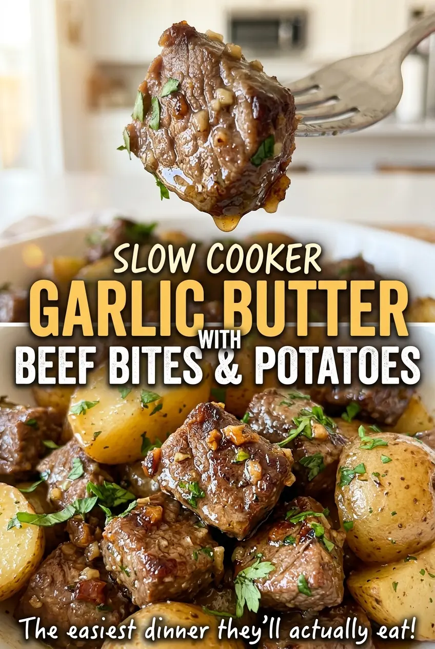 Slow Cooker Garlic Butter Beef Bites with Potatoes, tender and golden
