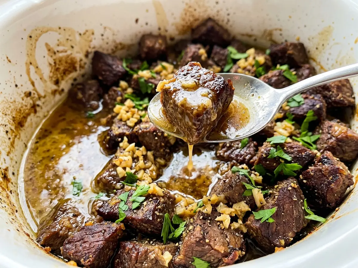Slow Cooker Garlic Butter Beef Bites tender browned beef