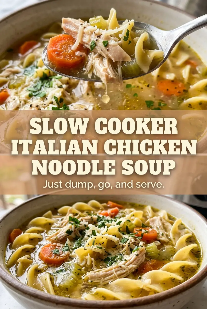 Slow Cooker Italian Chicken Noodle Soup, hearty chicken noodle bowl