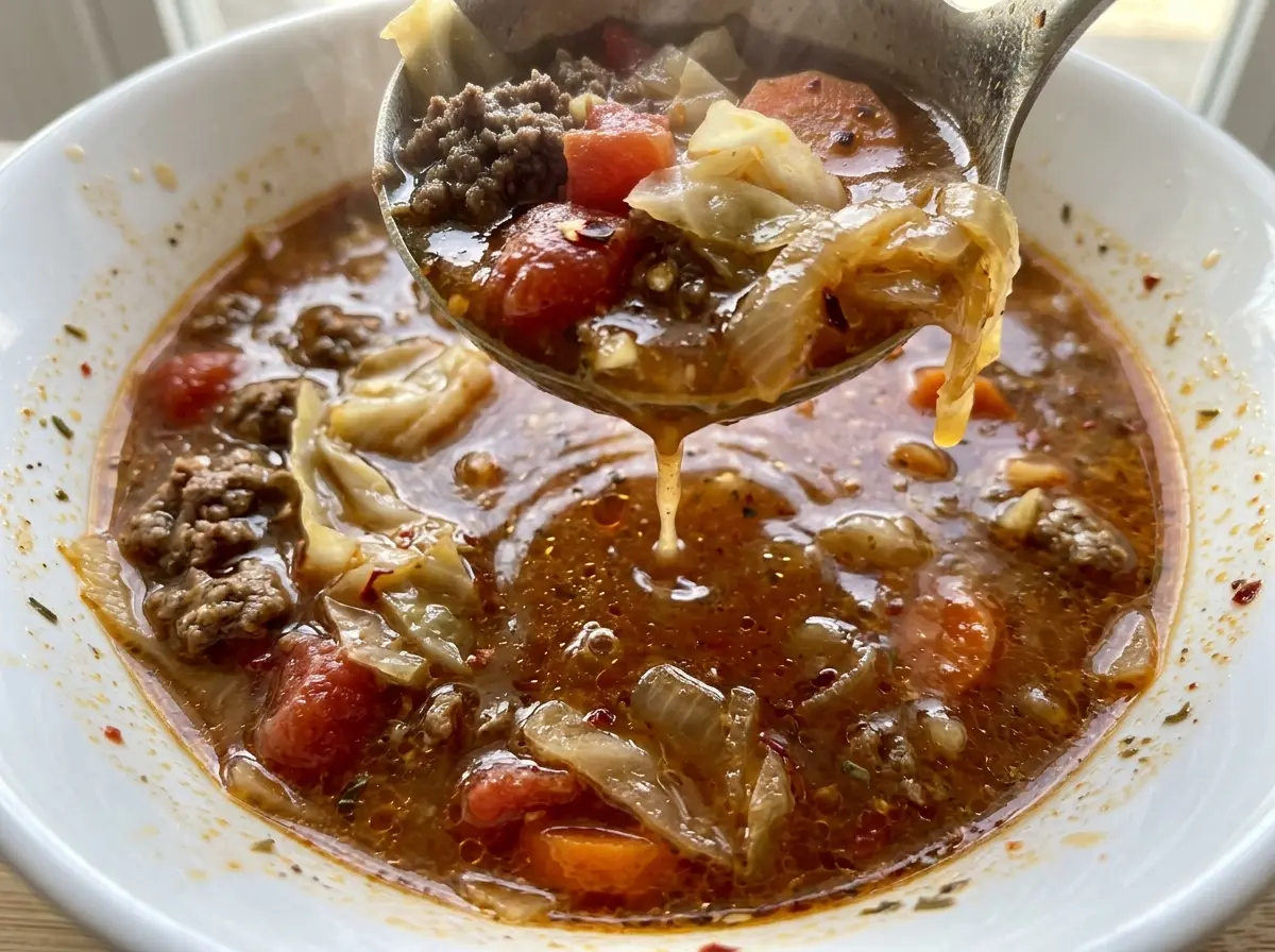 Slow Cooker Spicy Cabbage Beef Soup hearty tomato broth