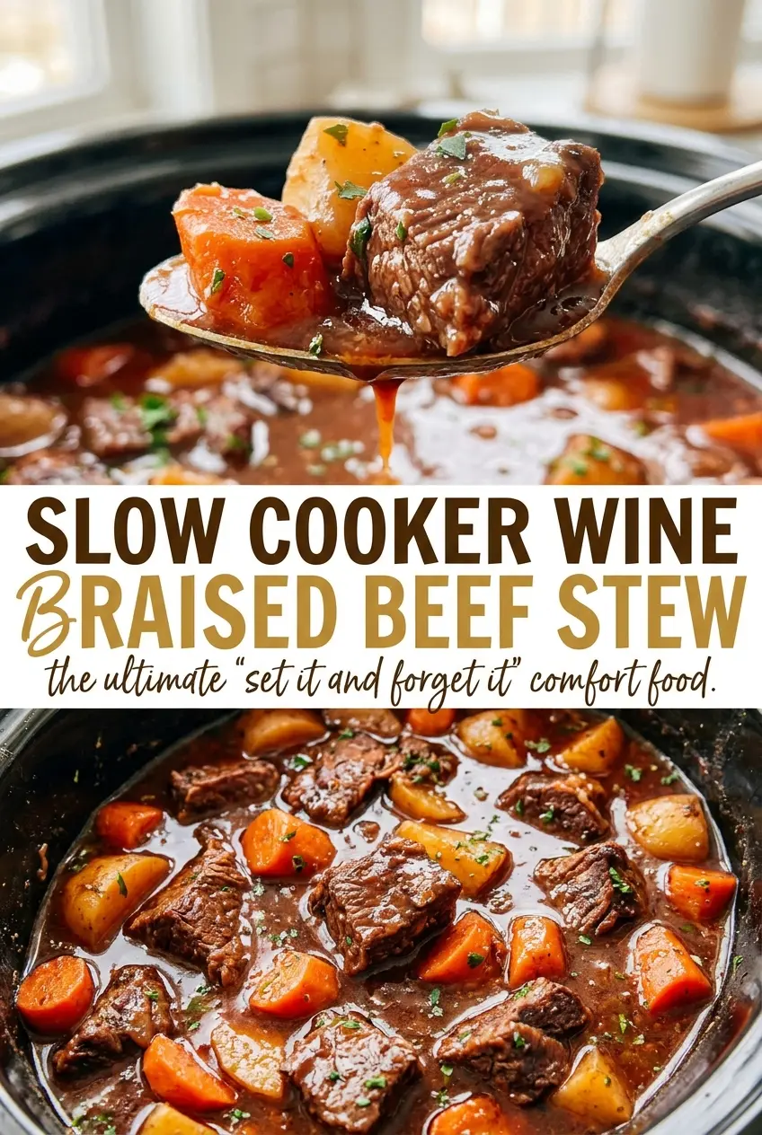 Slow Cooker Wine Braised Beef Stew with savory vegetables