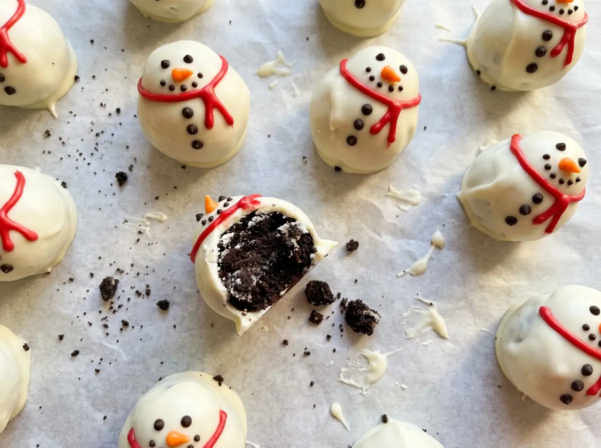 Snowman Oreo Balls with white coating and chocolate details