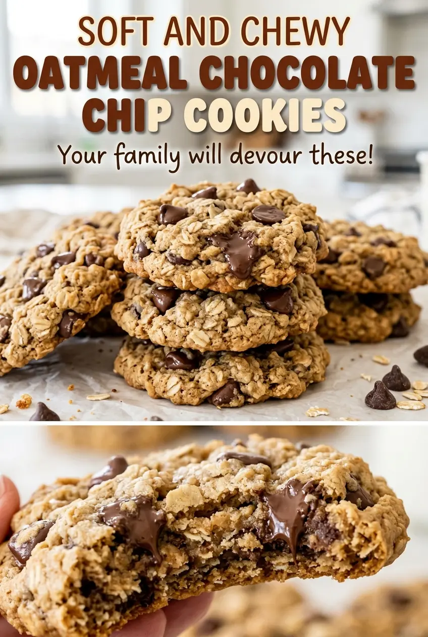 Soft and Chewy Oatmeal Chocolate Chip Cookies with chocolate-studded centers