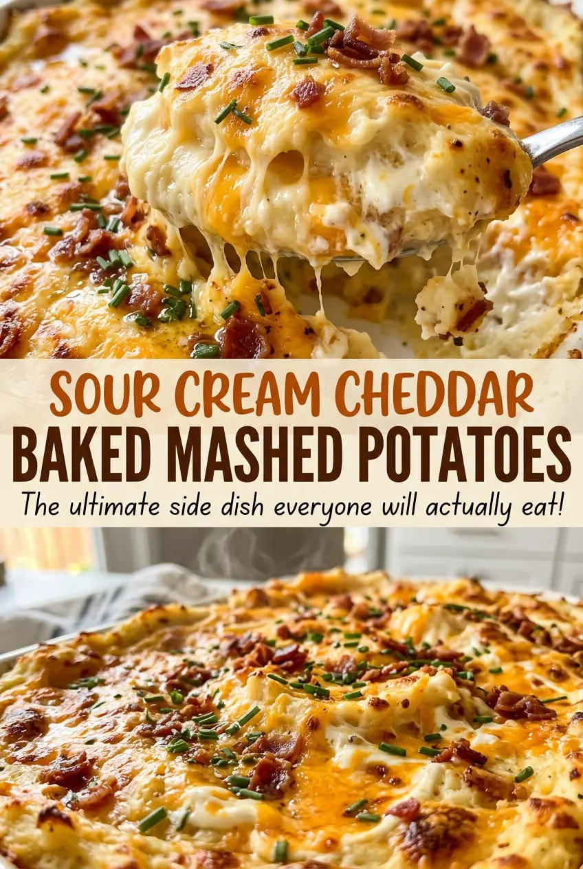 Sour Cream Cheddar Baked Mashed Potatoes with bubbling cheddar top