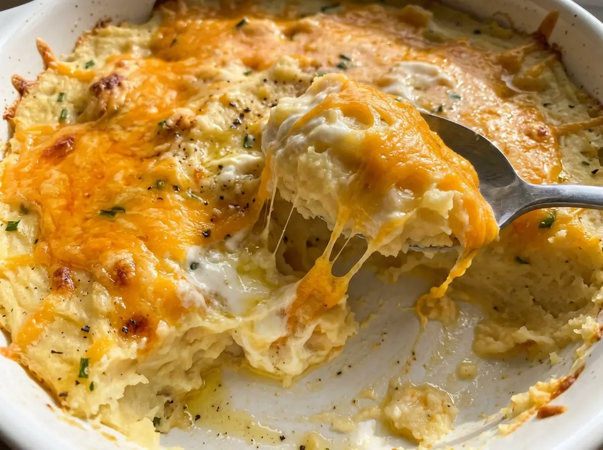 Sour Cream Cheddar Baked Mashed Potatoes with bubbling cheddar top