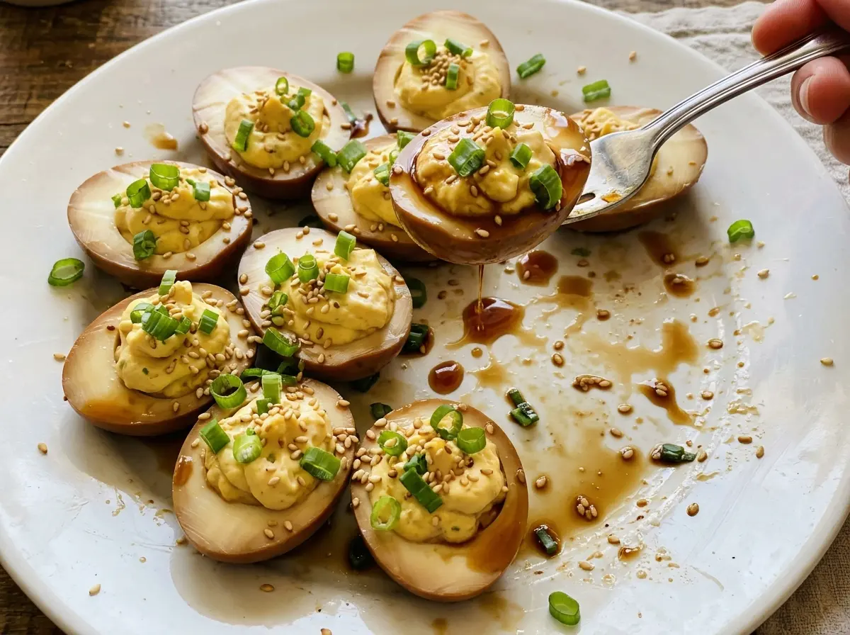 Soy Sauce Ramen Deviled Eggs with marbled savory whites