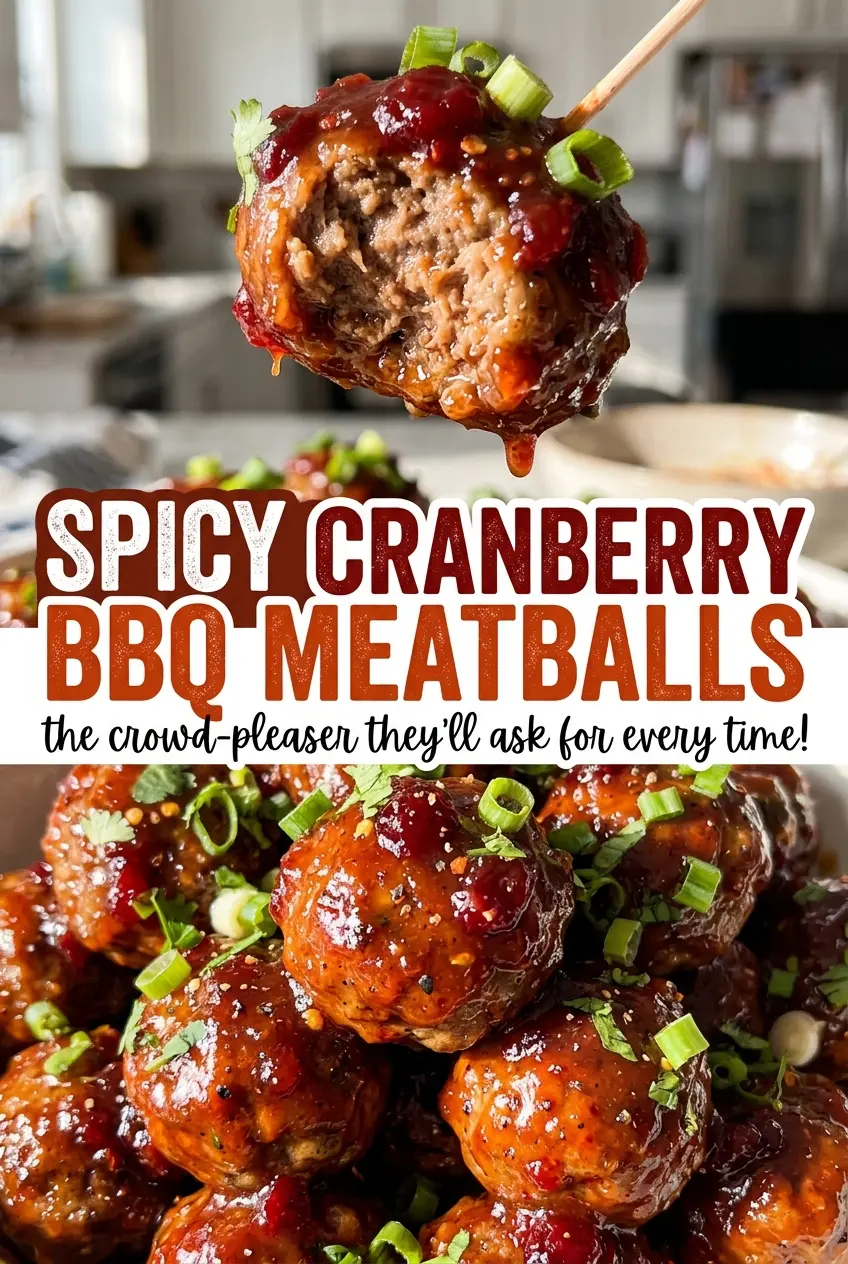 Spicy Cranberry BBQ Meatballs with glossy cranberry glaze