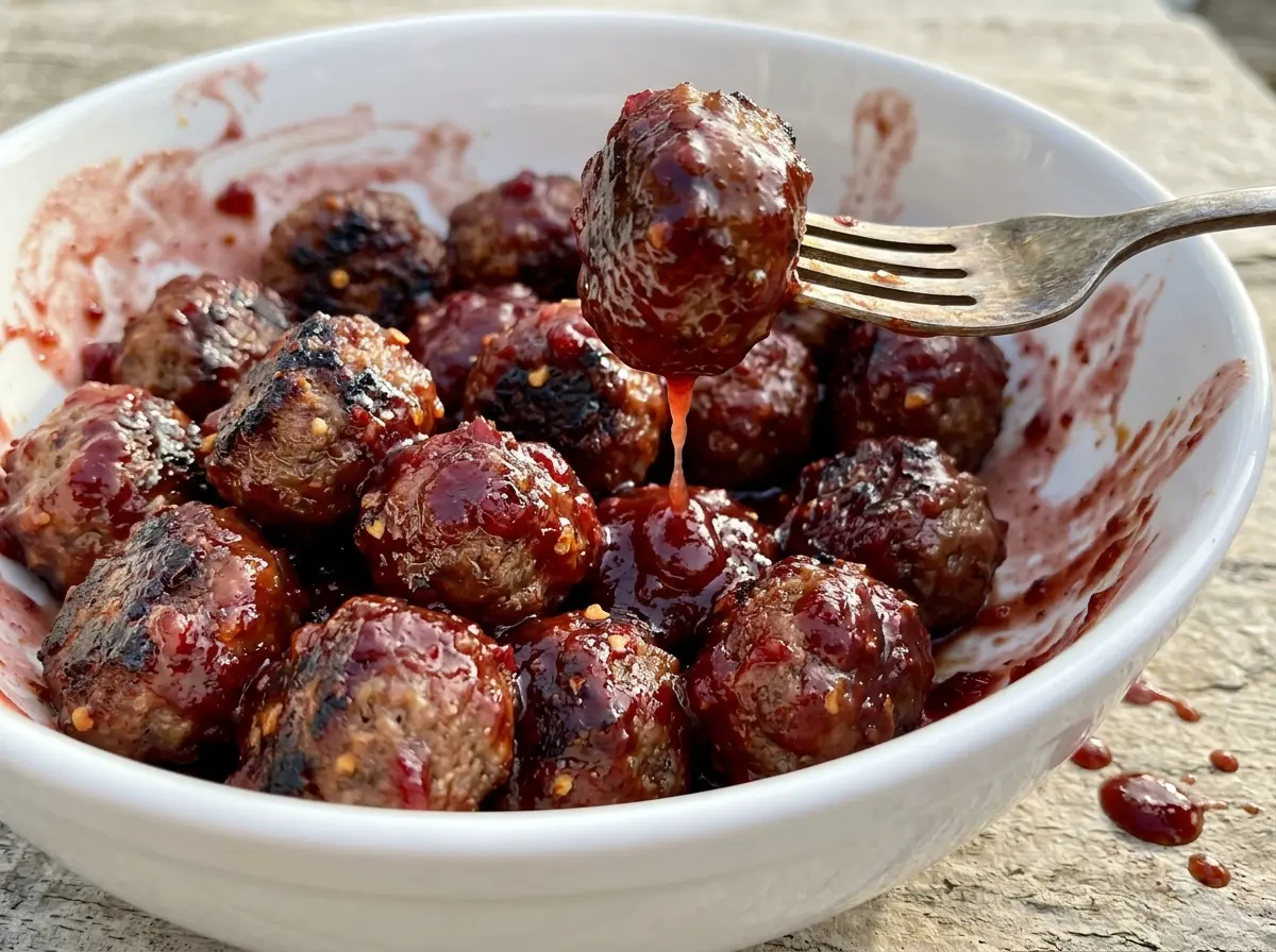 Spicy Cranberry BBQ Meatballs with glossy cranberry glaze
